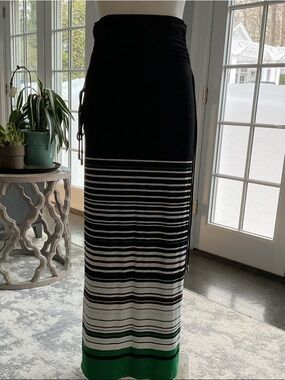 White House Black Market Black Maxi Skirt with Green Stripe Hem